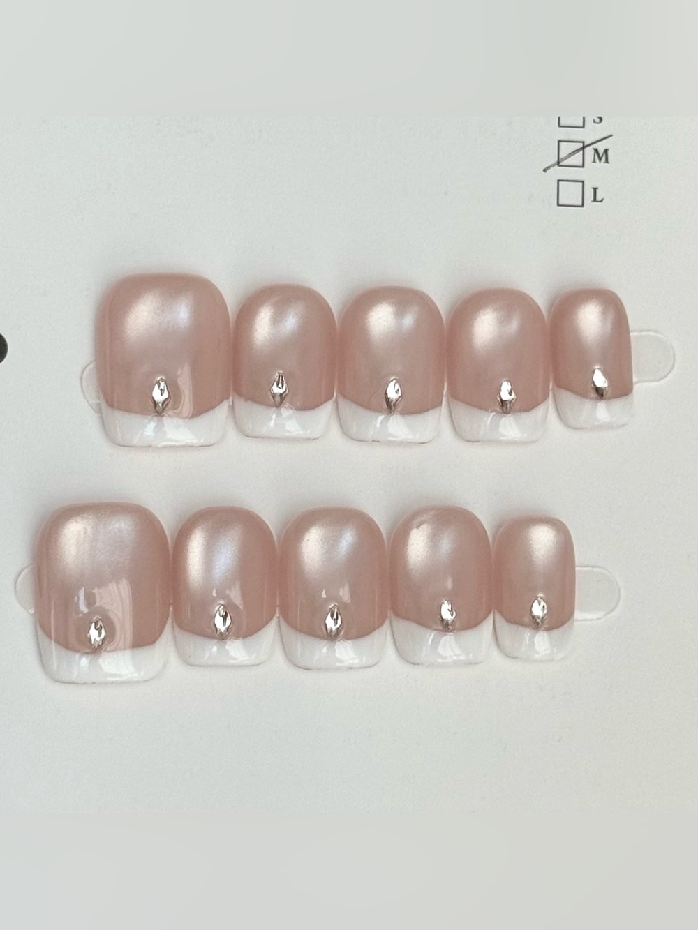 Handmade French Tip Press-On Nail Set with Rhinestone Accent Size M